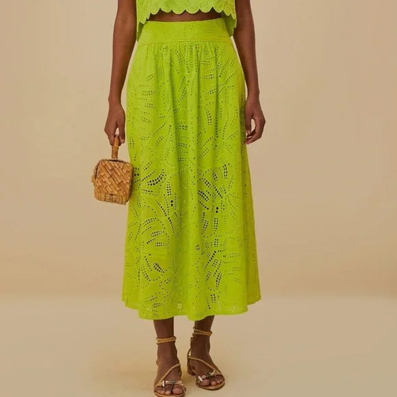 Farm Rio Monstera Eyelet Midi Skirt in Green. Size XXS - Picture 1 of 14